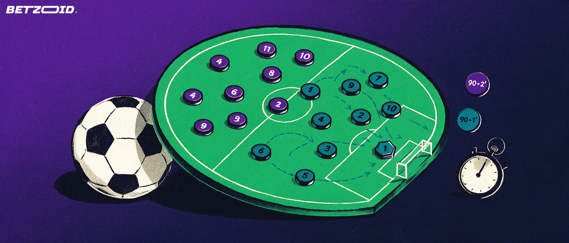 Illustrazione di una lavagna tattica con schieramenti a pedine, frecce di movimento, un pallone da calcio e un cronometro