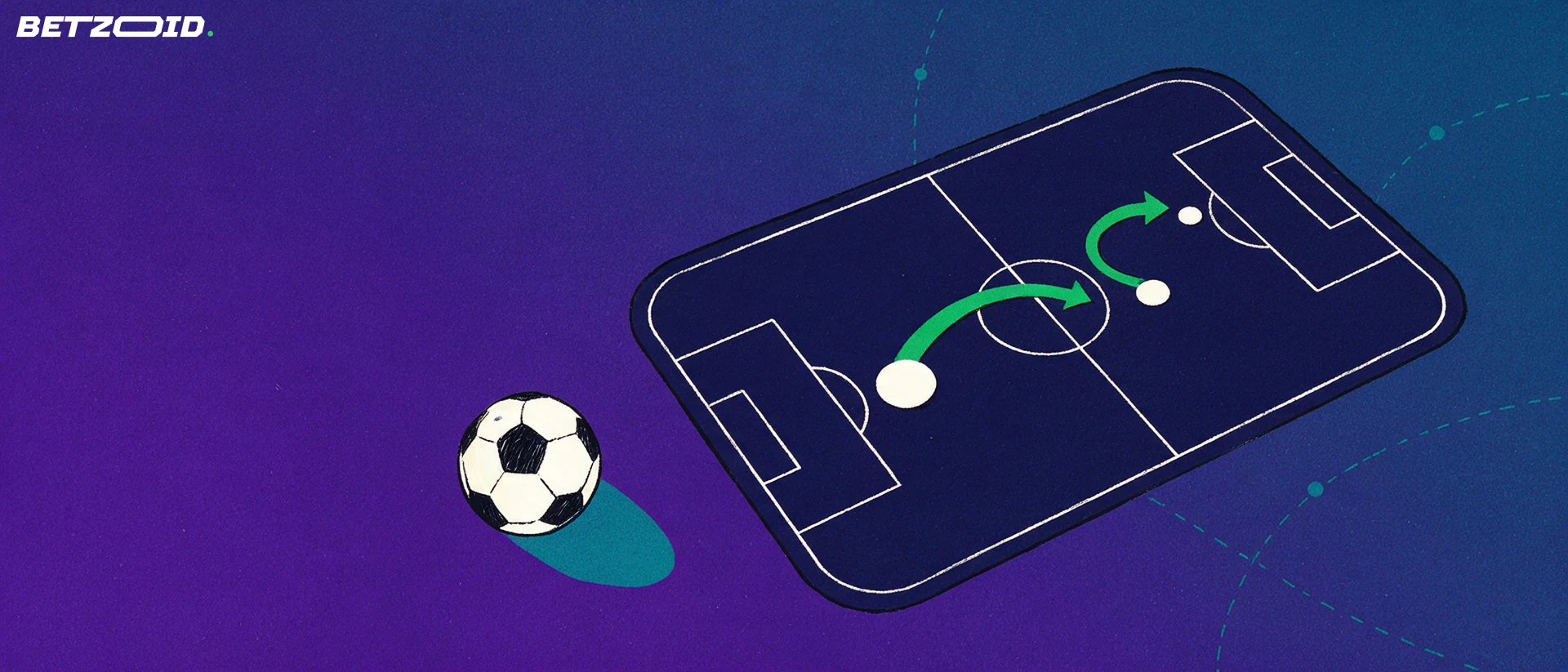 Ilustração de um campo de futebol visto em perspetiva com setas táticas verdes, marcadores circulares e uma bola de futebol ao lado.