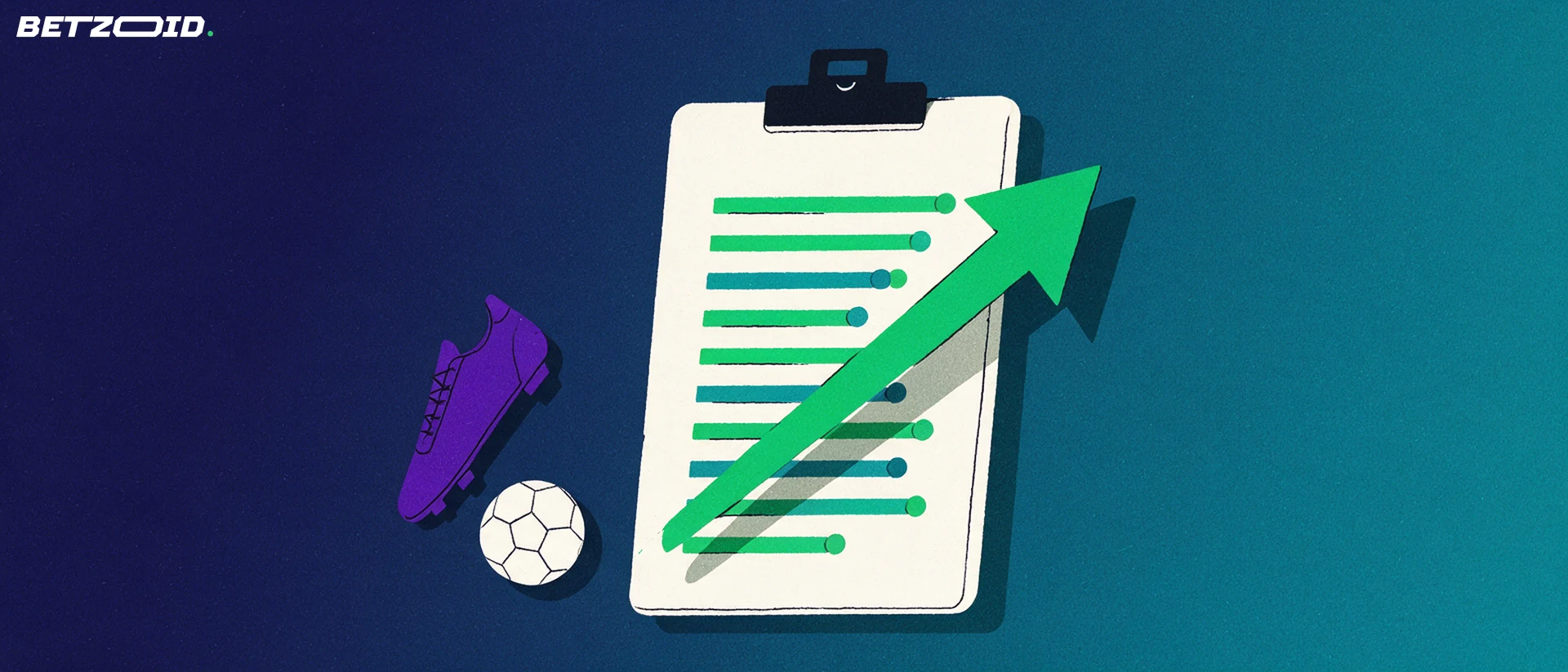 Ilustração de um quadro de análise com barras verdes e azuis, uma seta ascendente, uma chuteira estilizada e uma bola de futebol.
