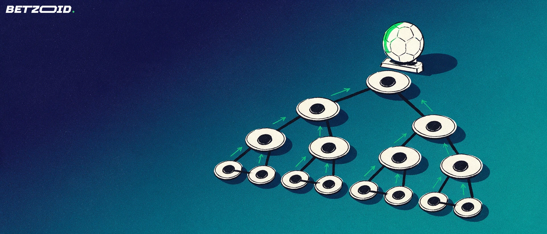 Illustration eines K.-o.-Turnierbaums, dessen Linien sich nach oben zu einem einzelnen Fußball verjüngen.
