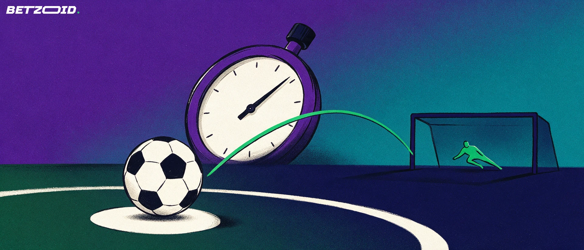 Illustration eines Elfmeterpunkts mit Ball, Torrahmen und einer großen Stoppuhr als Symbol für die Verlängerung.