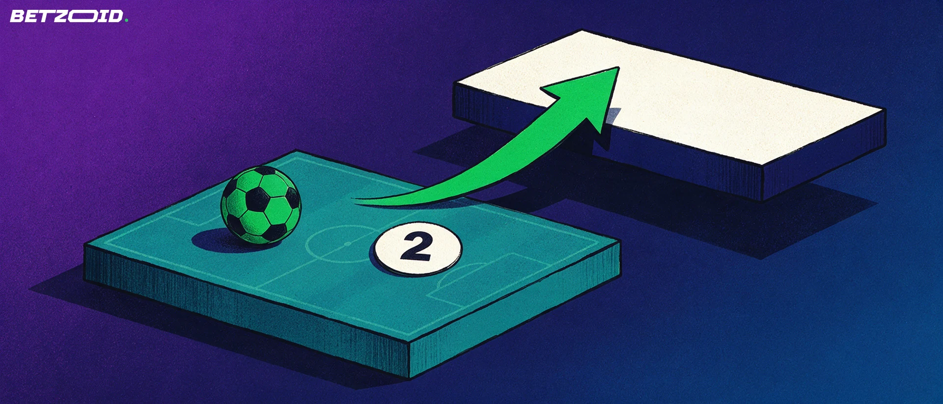 Ilustração de uma bola de futebol sobre uma plataforma inferior com o número 2 e uma seta verde a apontar para a plataforma superior, sugerindo subida de divisão.