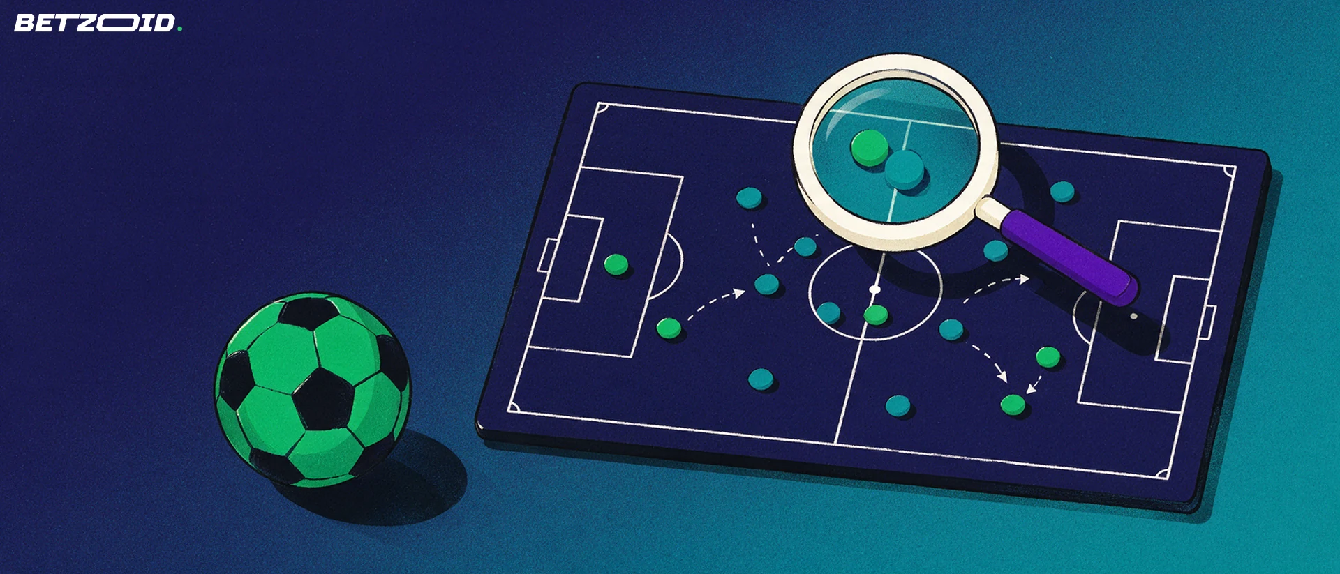 Ilustração de um quadro tático de futebol com linhas do campo, marcadores de jogadores e setas, uma lupa a ampliar parte do esquema e uma bola de futebol em primeiro plano.
