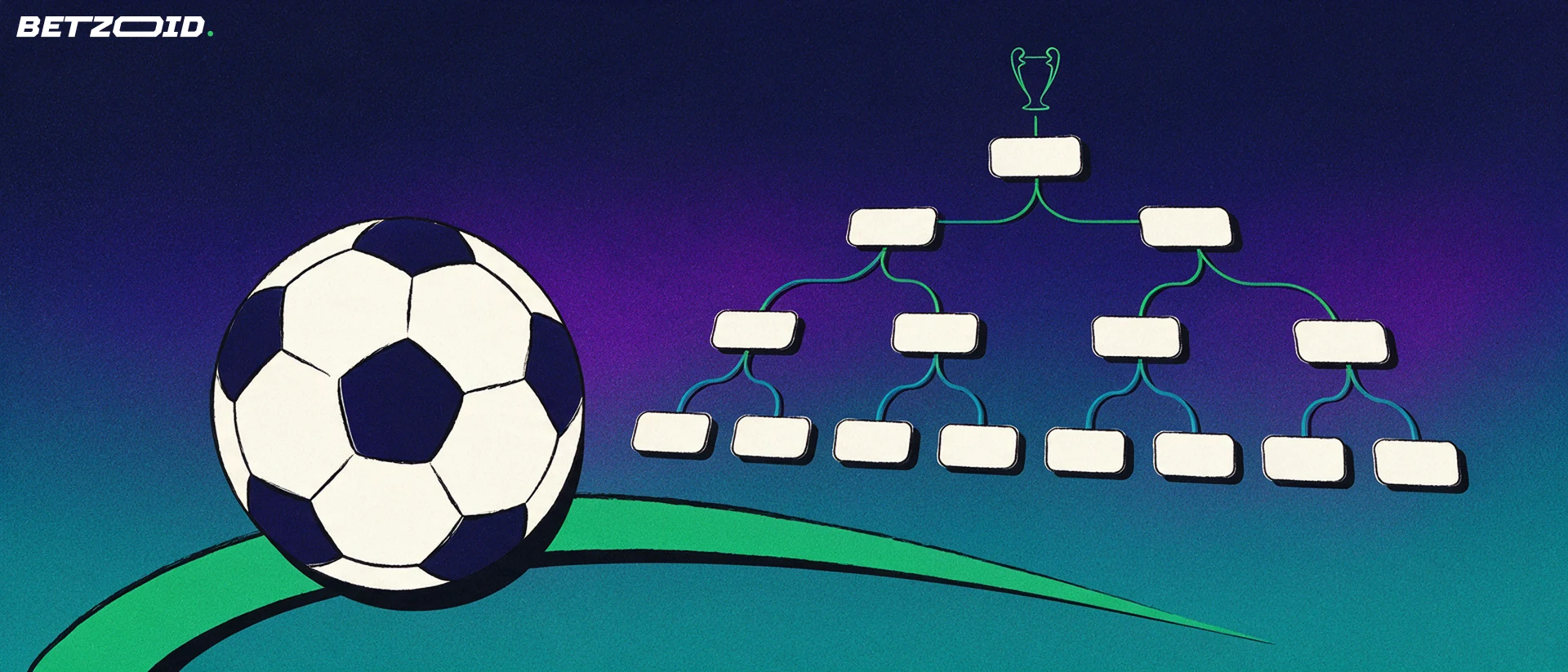 Illustration eines Fußballs, von dem Verbindungslinien zu einem leeren K.-o.-Turnierbaum mit Pokalsymbol führen.