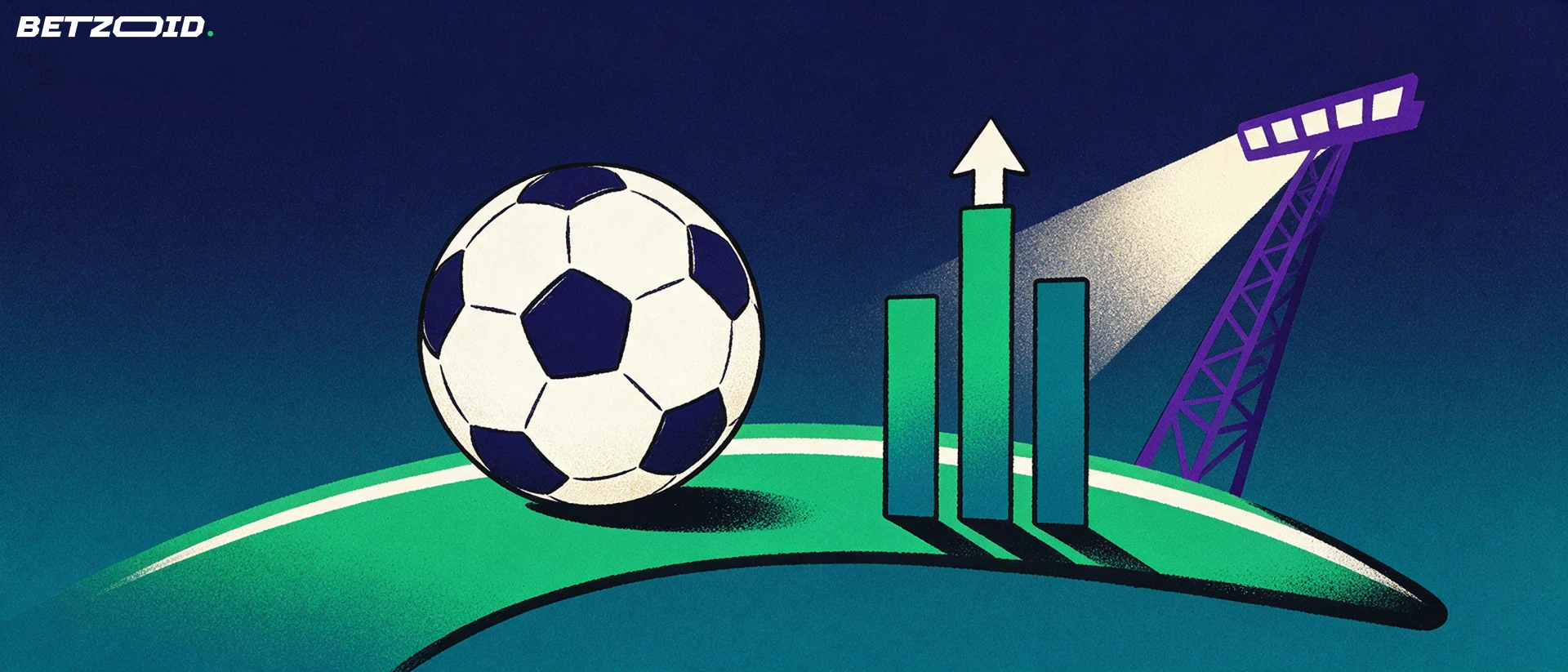 Illustration eines Fußballs auf einer grünen Rasenfläche neben aufsteigenden Balken mit Pfeil und einem Flutlichtmast.