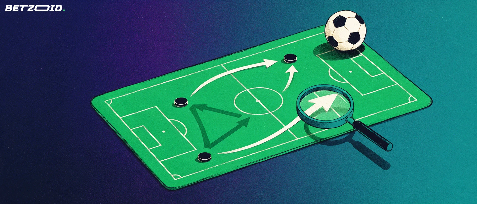 Illustration eines Fußballs auf einer Taktiktafel mit Spielfeldlinien, Laufwegpfeilen und einer Lupe über einem Pfeil.