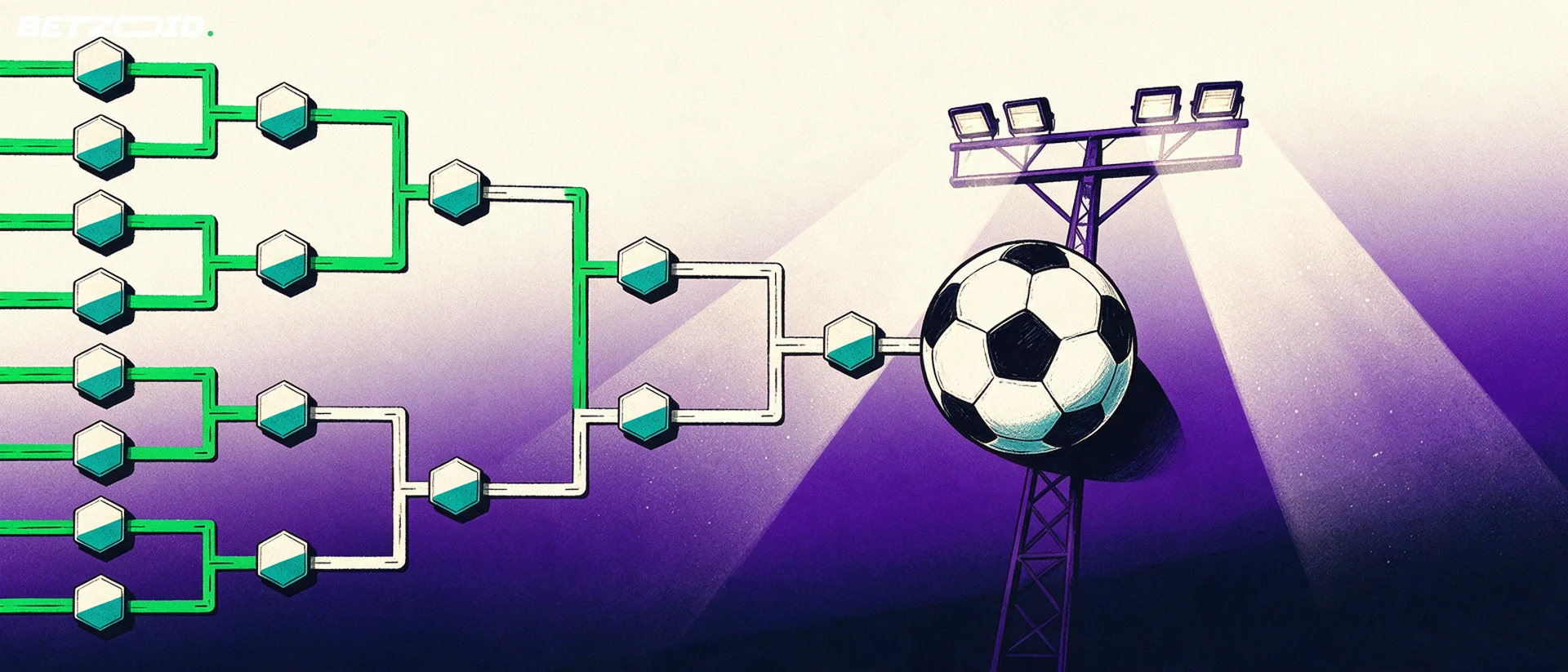 Illustration eines schlichten Turnierbaums aus grünen Linien, der zu einem Fußball vor einem Flutlichtmast zusammenläuft.