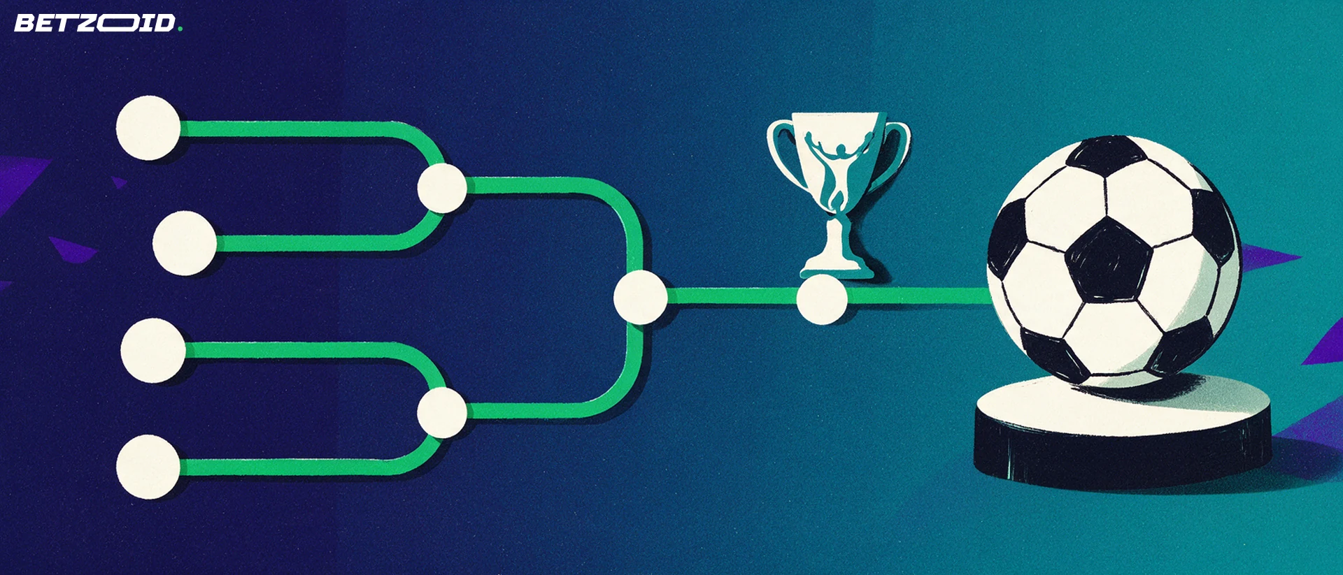 Ilustração de uma chave eliminatória de futebol com linhas verdes que convergem para uma bola e um troféu simples em forma de taça.