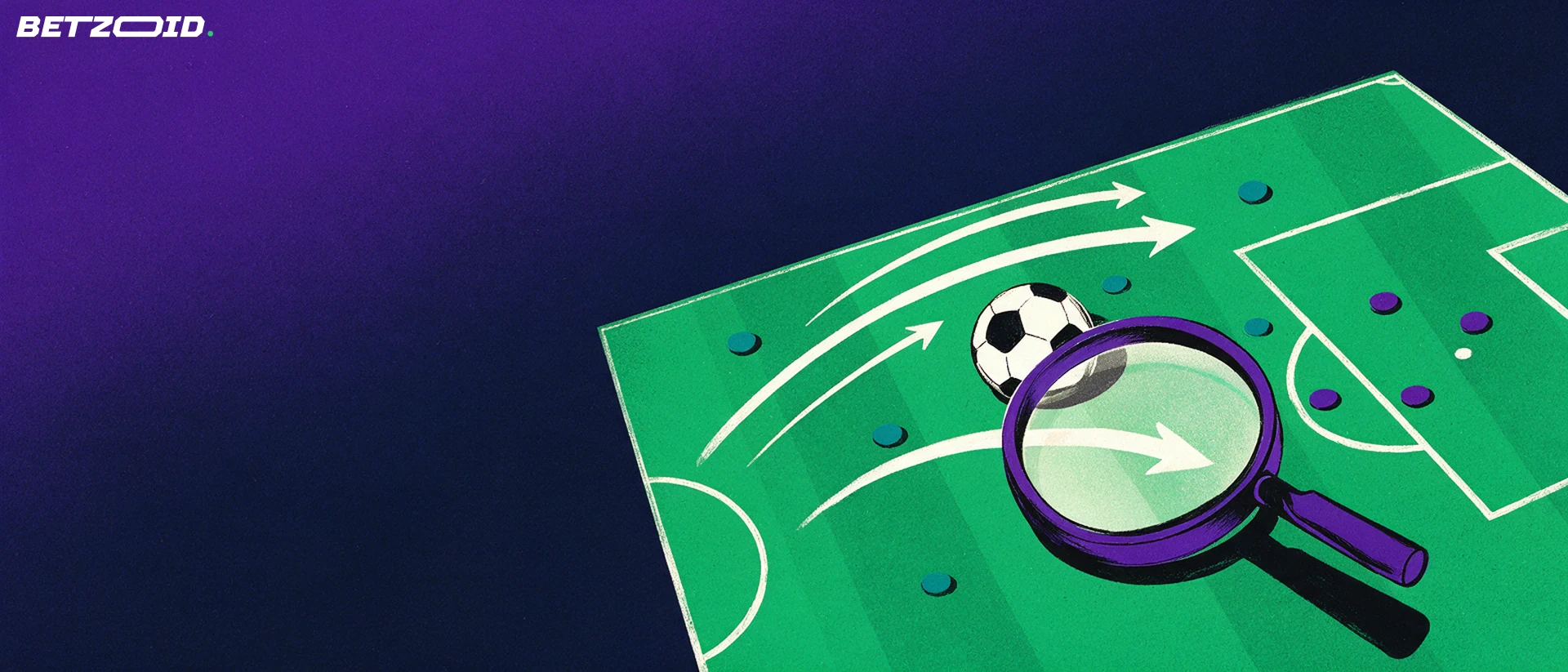 Ilustração de um trecho de campo de futebol visto de cima, com bola, marcadores de jogadores, setas de movimentação e uma lupa a ampliar a jogada.