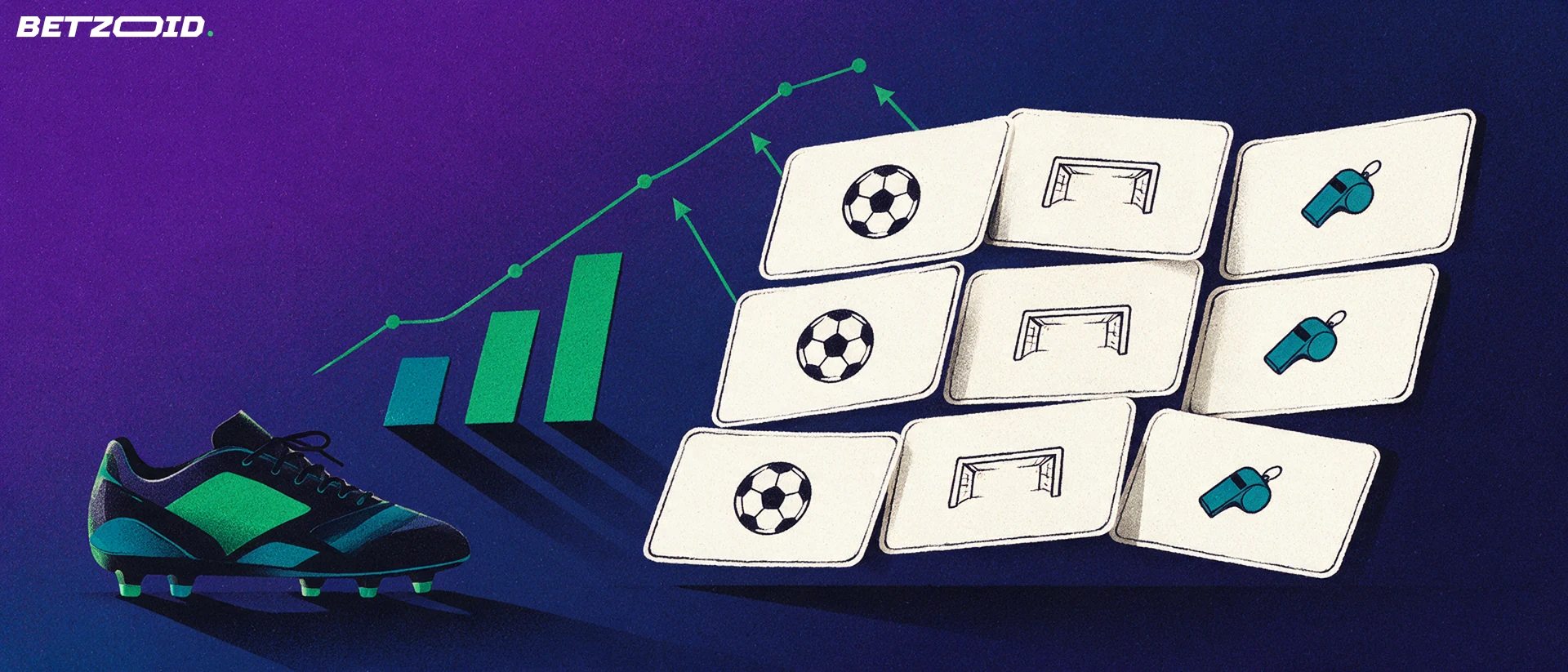 Illustration einer Reihe aufgefächerter Spieltagskarten mit Fußball- und Torsymbolen, aufsteigenden Pfeilen zu einer Formkurve und einem Fußballschuh im Vordergrund.