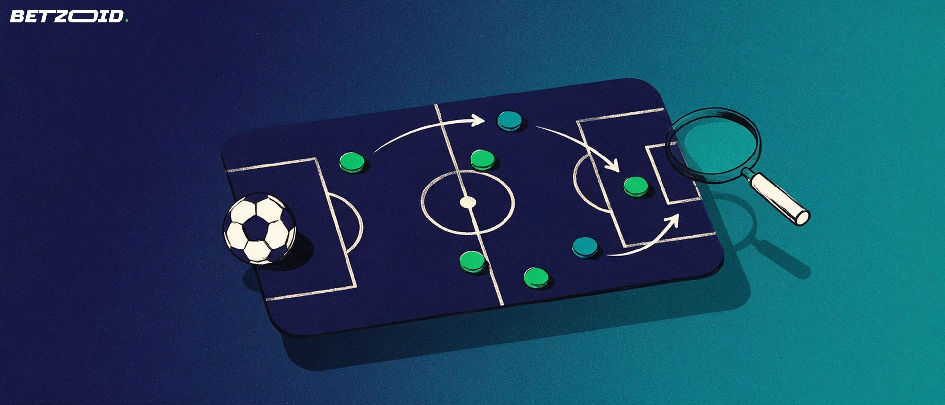 Ilustração de um campo de futebol estilizado com marcações de jogadores, setas de jogada, uma bola e uma lupa sobre a análise tática.