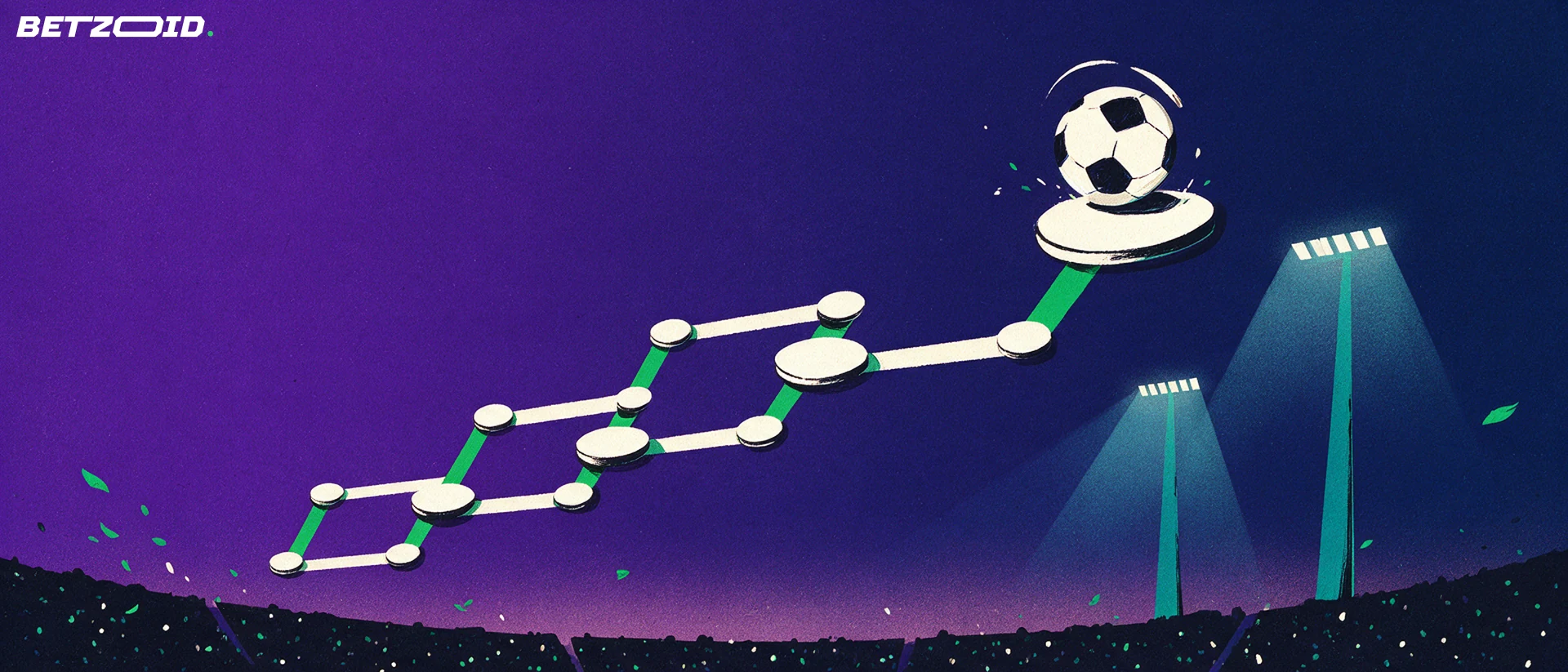 Ilustração de uma bola de futebol no topo de um esquema de eliminatórias em escada, com torres de iluminação ao fundo.