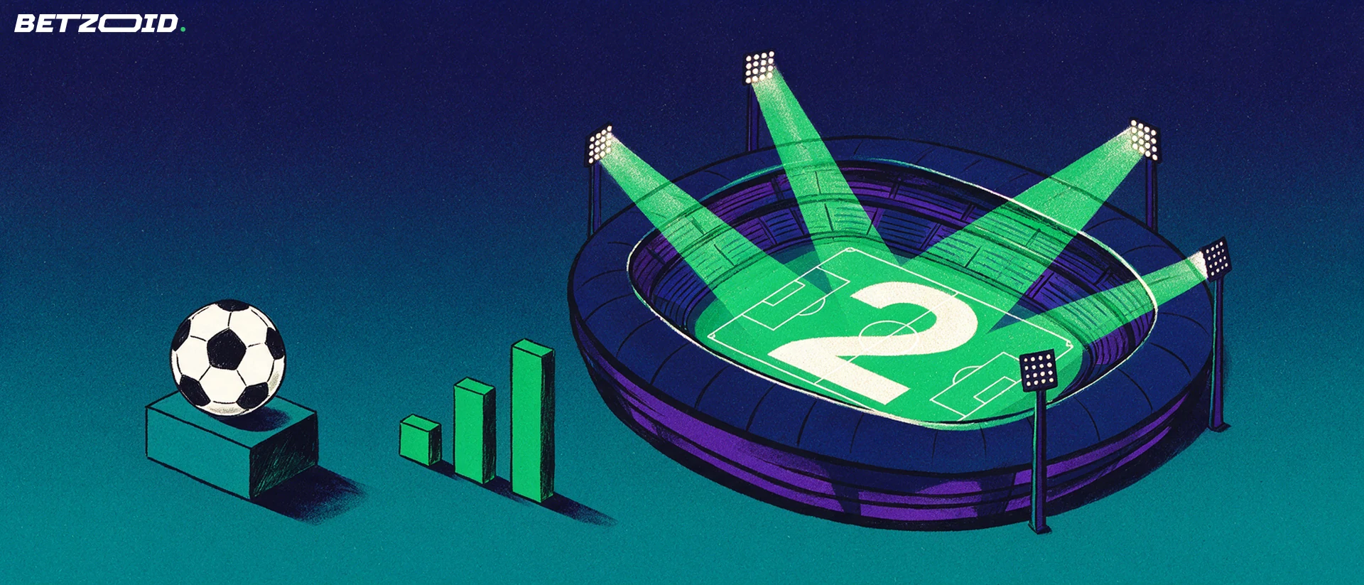 Illustration eines Fußballstadions aus der Vogelperspektive, dessen Flutlichtstrahlen eine grüne Zwei formen, daneben ein Fußball und ein kleines Balkendiagramm.