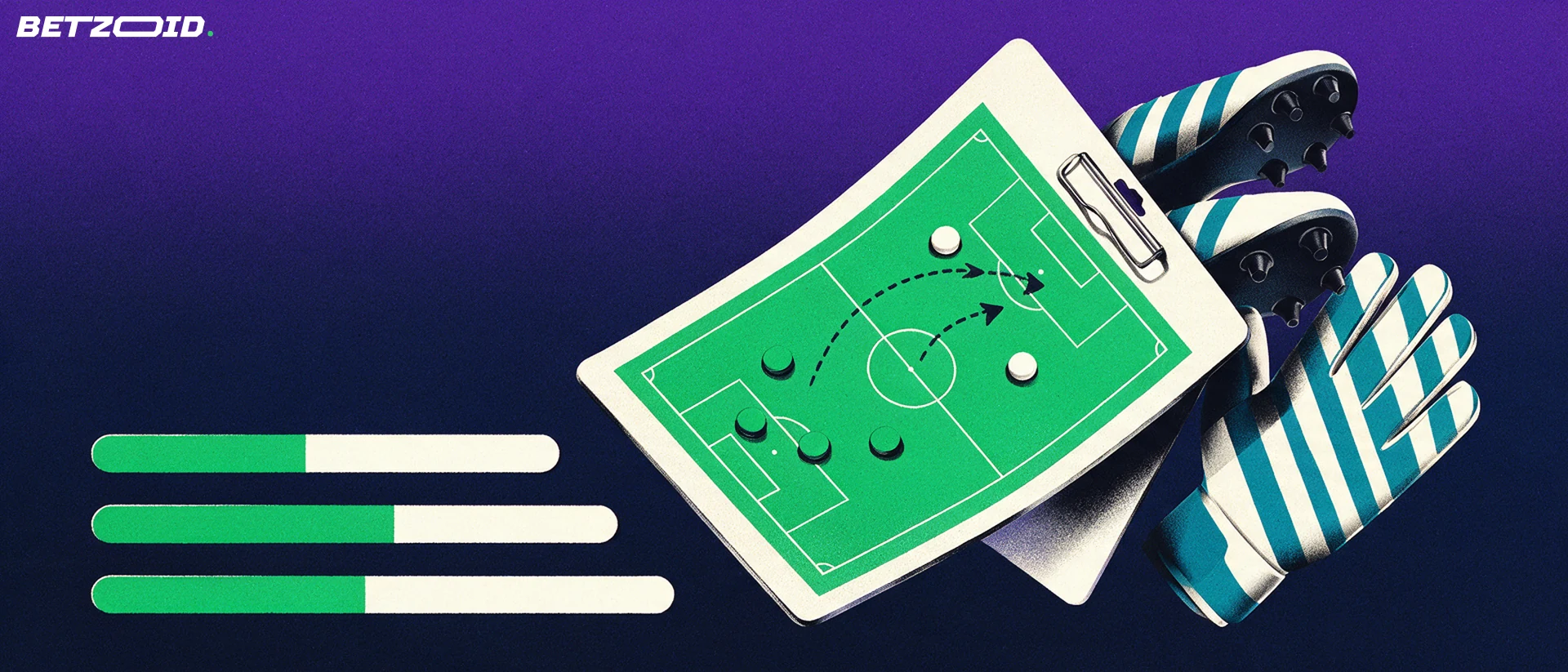 Illustration eines schräg stehenden Taktikbretts mit Spielfeld, Spielermarkierungen und Laufwegen, dahinter Fußballschuhe und ein Torwarthandschuh.