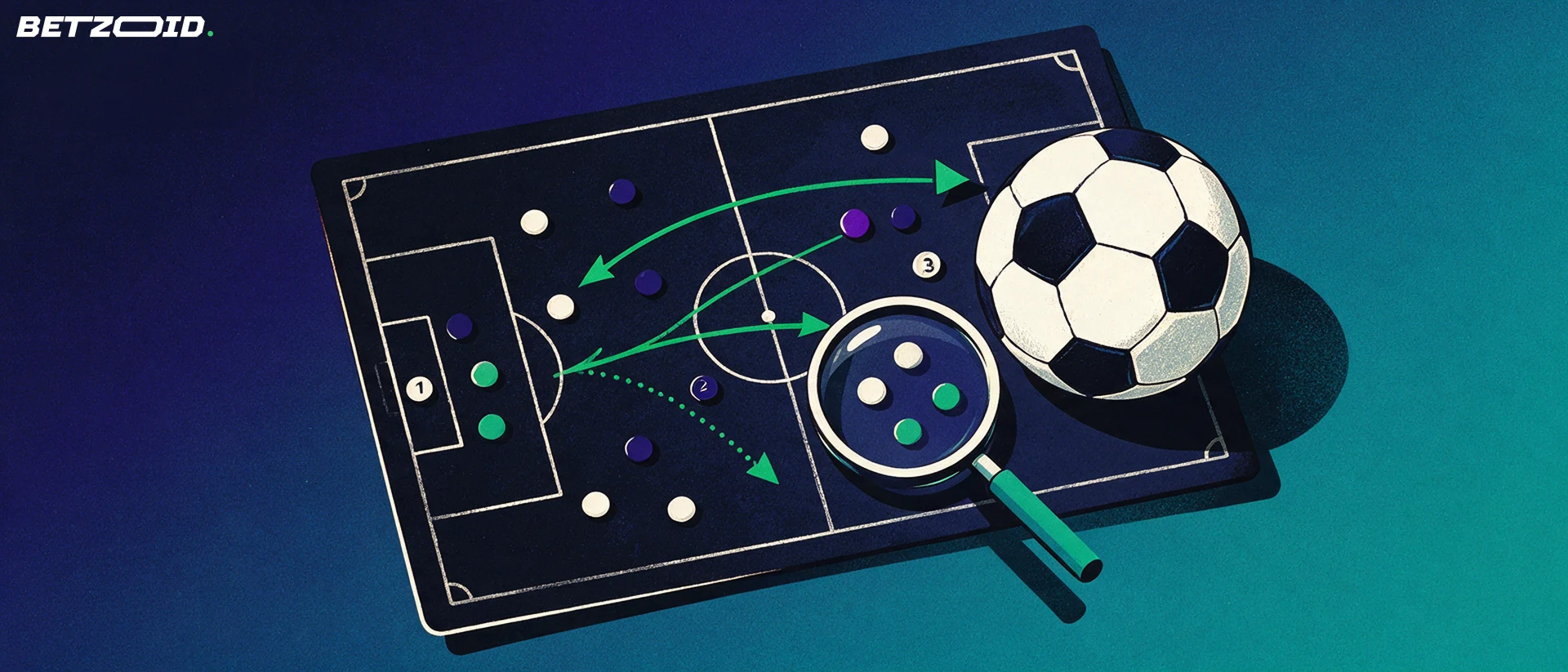 Ilustração de uma bola de futebol sobre um quadro tático com setas curvas e uma lupa a ampliar marcadores de jogadores.