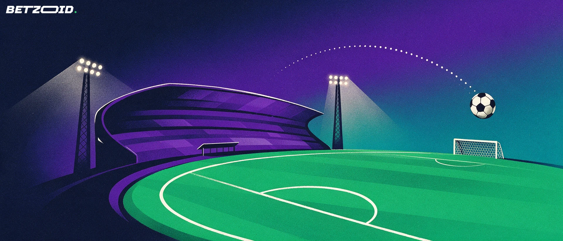 Ilustração de uma bancada de estádio com torres de iluminação, um relvado curvo e uma bola a descrever um arco pontilhado até uma baliza.
