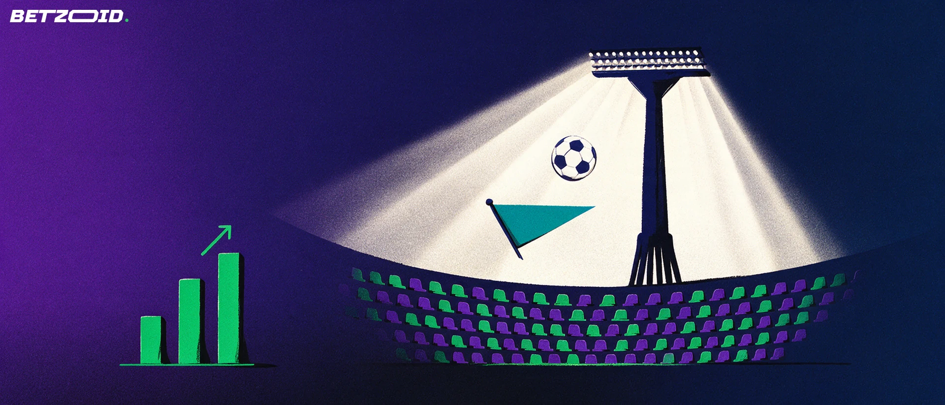 Ilustração de uma torre de iluminação de estádio com feixes de luz sobre bancadas simplificadas, uma bola de futebol e barras crescentes com uma seta para cima.