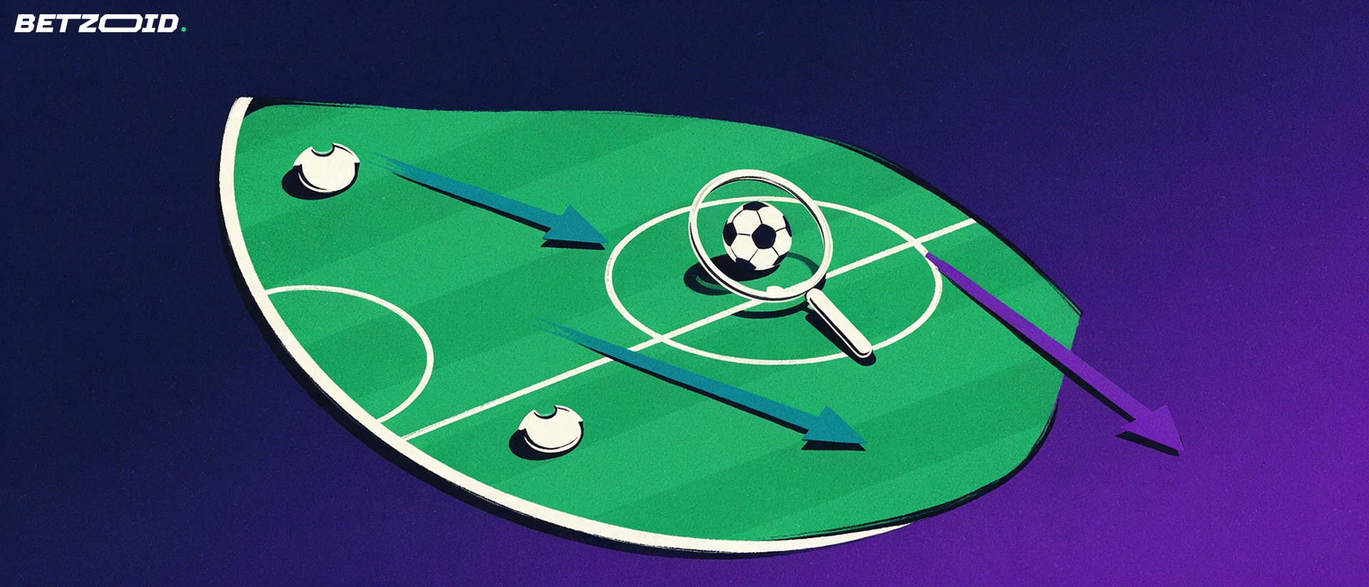 Ilustración en perspectiva elevada de un césped de fútbol con balón, flechas tácticas y una lupa sobre el círculo central.