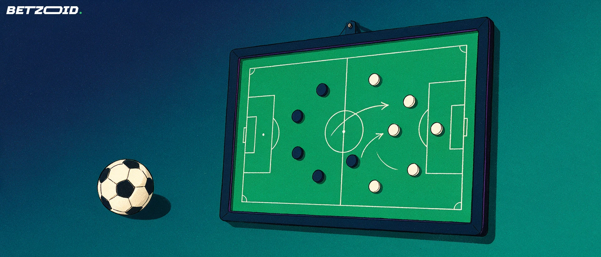 Ilustración de un campo de fútbol inclinado con fichas y flechas tácticas junto a un balón.