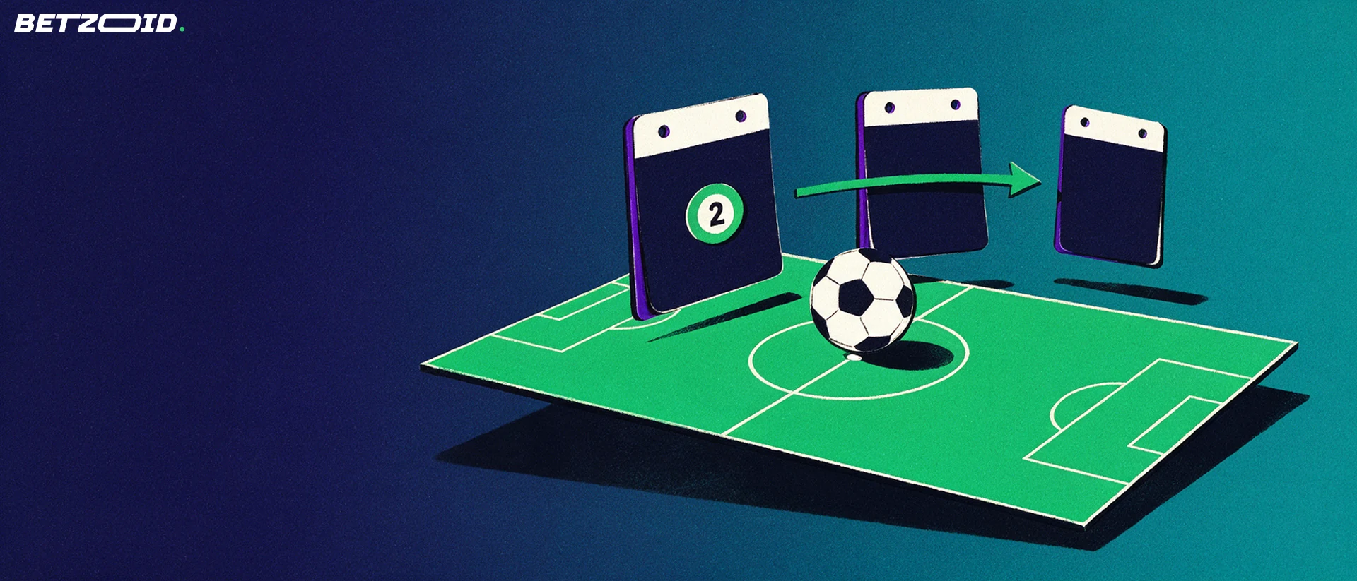 Ilustración de un campo de fútbol inclinado con un balón en el círculo central y tres tarjetas de calendario unidas por una flecha, con una insignia con el número 2.