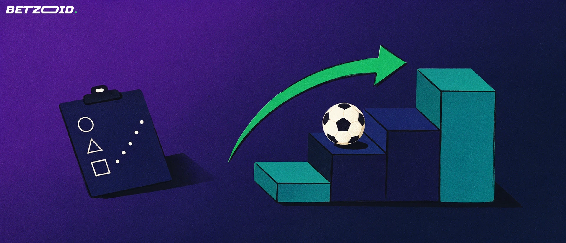 Ilustración de una escalera de bloques con un balón de fútbol en un escalón y una flecha verde ascendente, junto a una pizarra táctica sencilla.