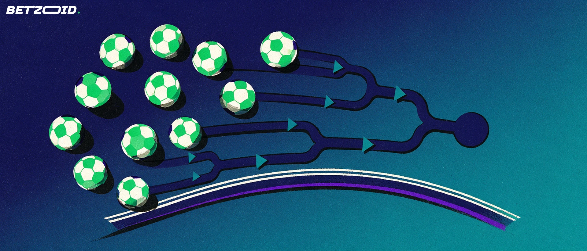 Ilustración de un cuadro eliminatorio de fútbol con balones y flechas que convergen hacia un círculo final.