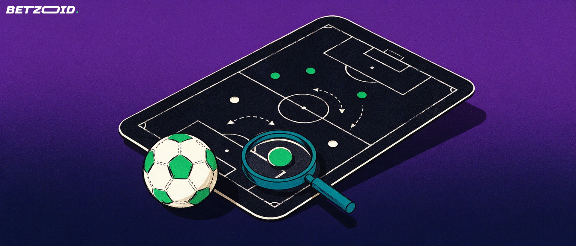 Ilustración de una pizarra táctica de fútbol con flechas de jugada, un balón y una lupa que amplía una posición.