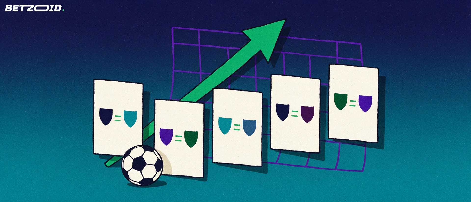 Illustratie van vijf kaarten met tegenover elkaar staande voetbalschildjes, een kalenderraster en een groene pijl.