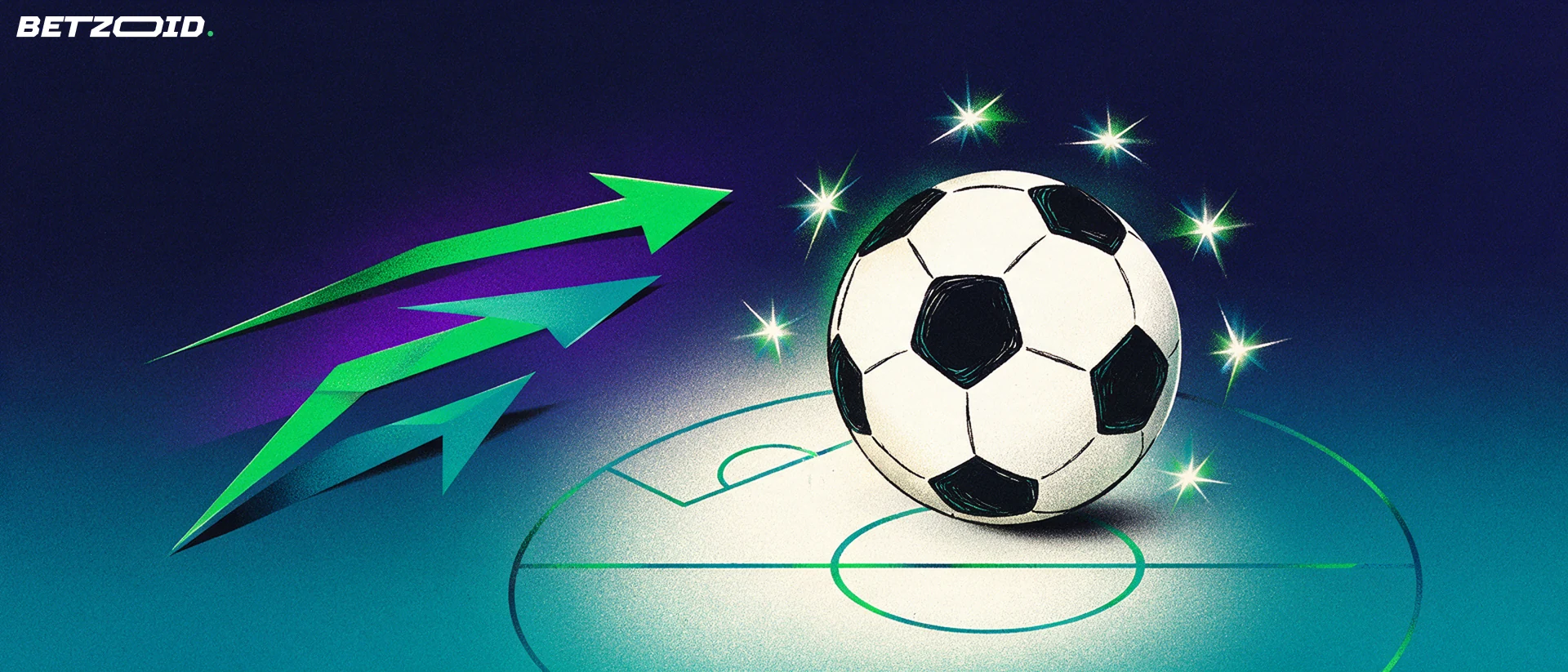 Ilustración de un balón de fútbol sobre un césped estilizado, rodeado de estrellas y flechas que forman un cuadro eliminatorio.