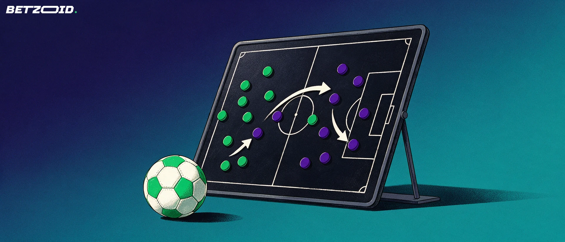 Illustratie van een tactiekbord met voetbalveldlijnen, gekleurde magneetschijven, pijlen en een voetbal ervoor.