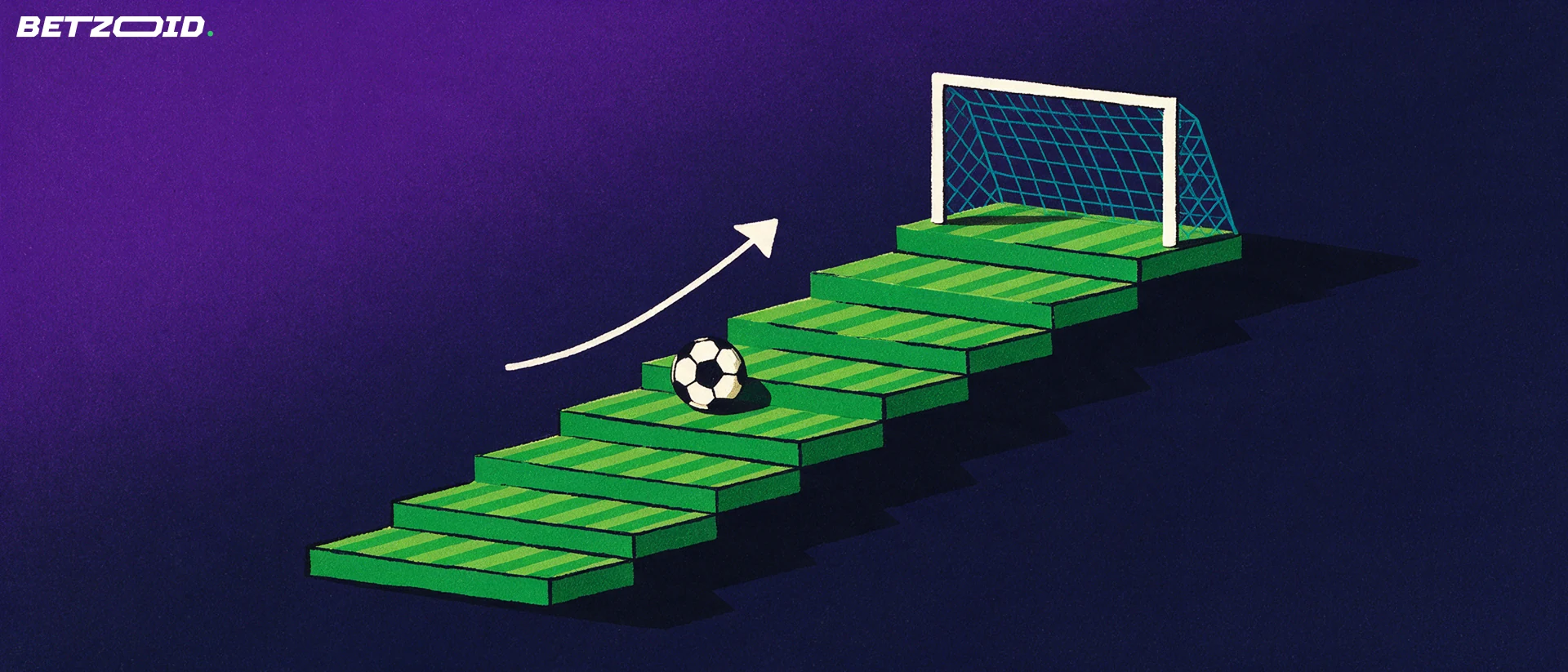 Illustratie van een voetbal die een trap van groene veldtreden beklimt naar een klein doel bovenaan.