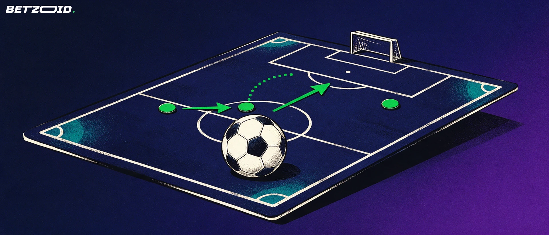 Ilustración de un campo de fútbol inclinado con flechas tácticas, marcadores de jugadores y un balón en el centro.