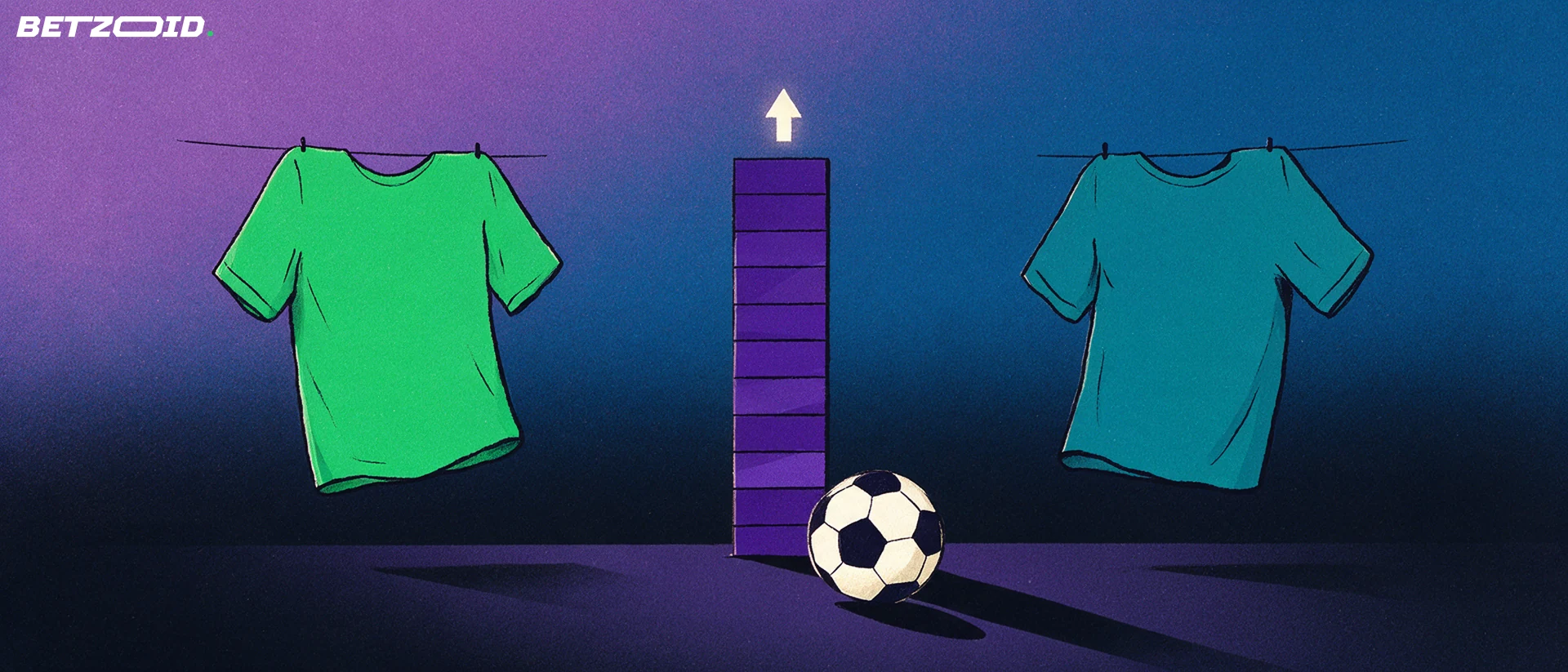 Ilustración de dos camisetas de fútbol sin escudos enfrentadas junto a barras comparativas con una flecha ascendente y un balón.