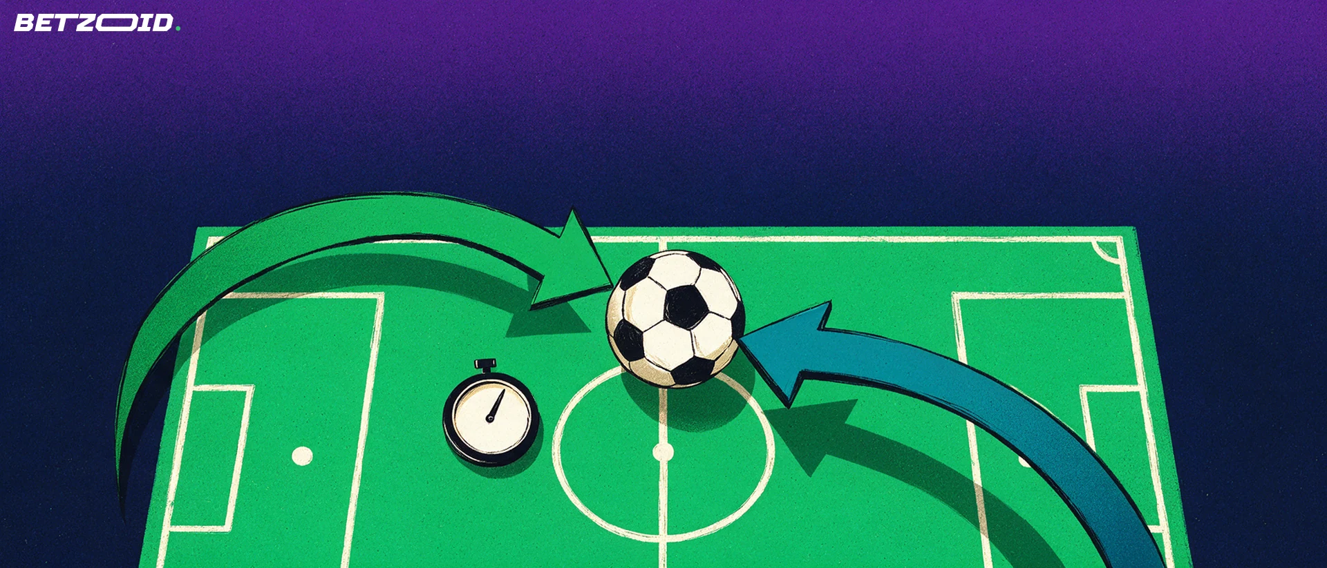 Illustratie van bovenaf met een voetbal op de middenstip, twee gebogen pijlen die naar elkaar toe wijzen en een stopwatch naast het speelveld.