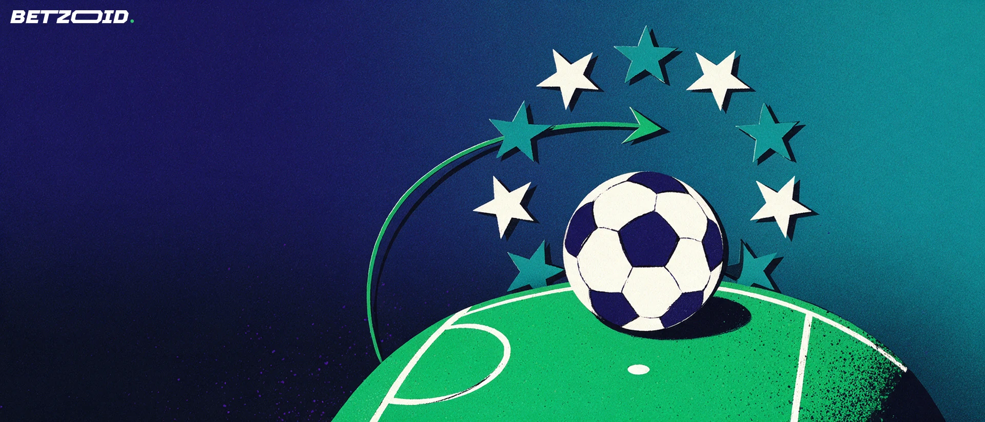 Illustratie van een voetbal op een groen veldsegment, omringd door een boog van sterren en een opwaartse pijl.