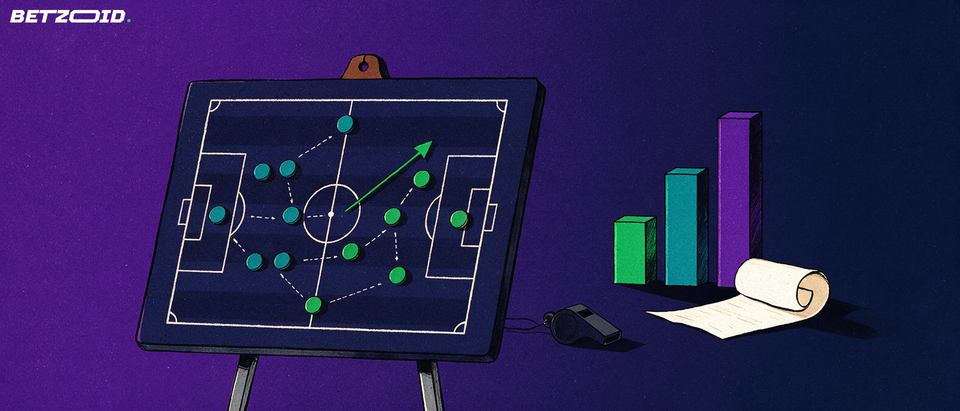 Illustratie van een tactiekbord met voetbalopstelling en pijl, naast een eenvoudige staafgrafiek en een fluitje.