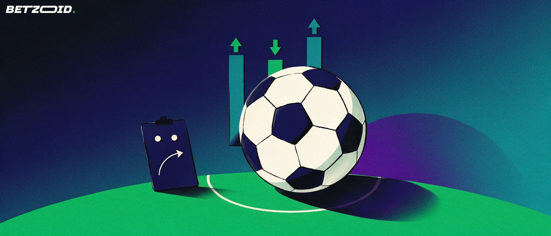 Illustratie van een voetbal op een groen veld met stijgende staafvormen en een tactisch klembord als analysemotief.