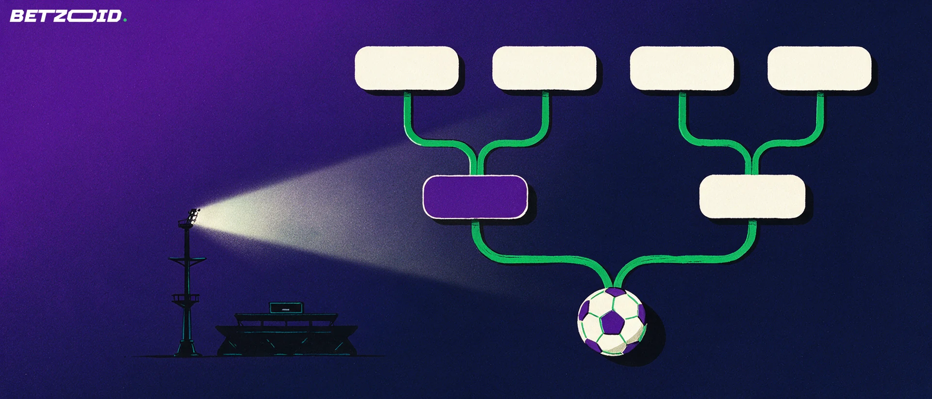 Illustratie van een knock-outschema met lege blokken dat uitmondt in een voetbal, met een stadionlicht en tribune op de achtergrond.