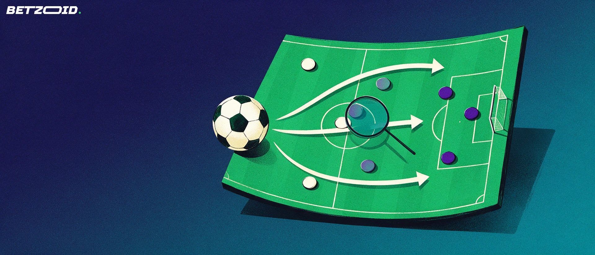 Illustratie van een zwevend voetbalveld met opstellingsstippen, tactische pijlen, een grote voetbal en een vergrootglas.