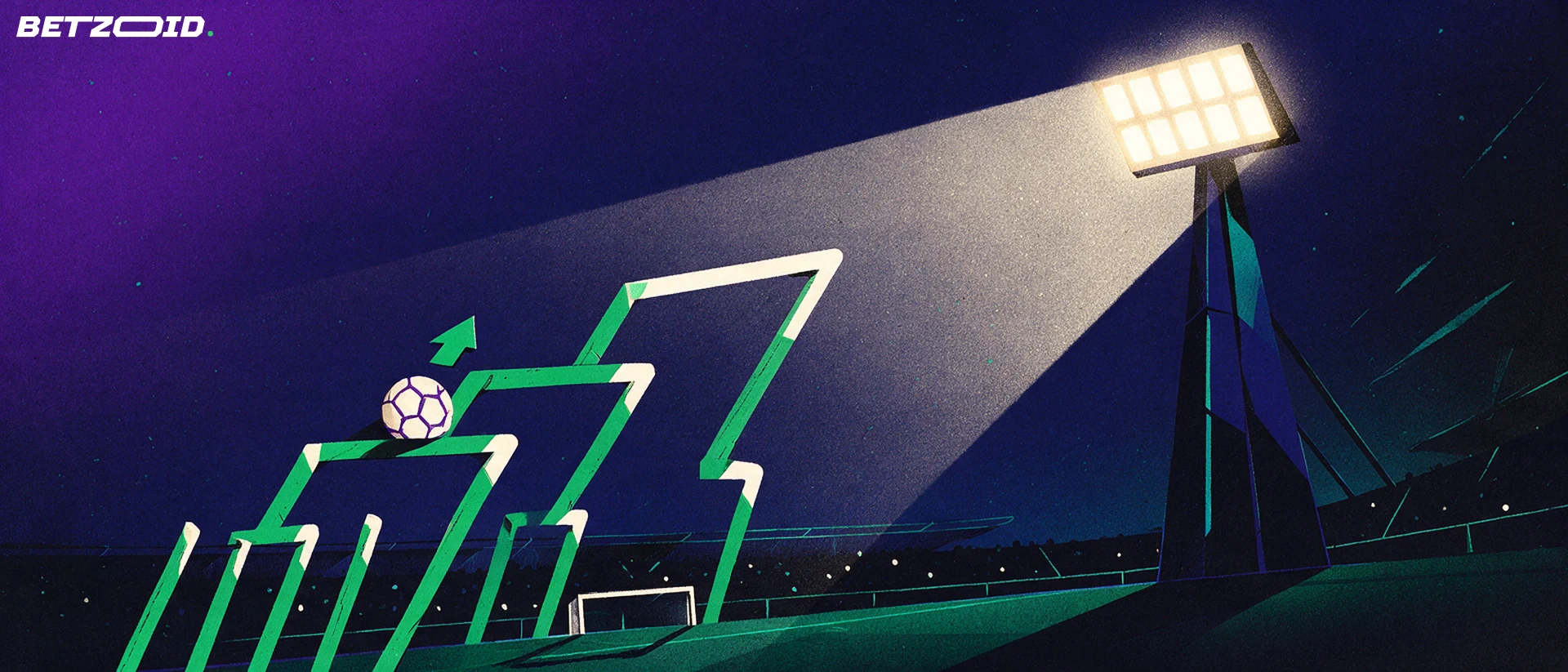 Illustratie van een vereenvoudigd knock-outschema met een voetbal die een ronde opklimt, naast een stadionlichtmast in de avond.