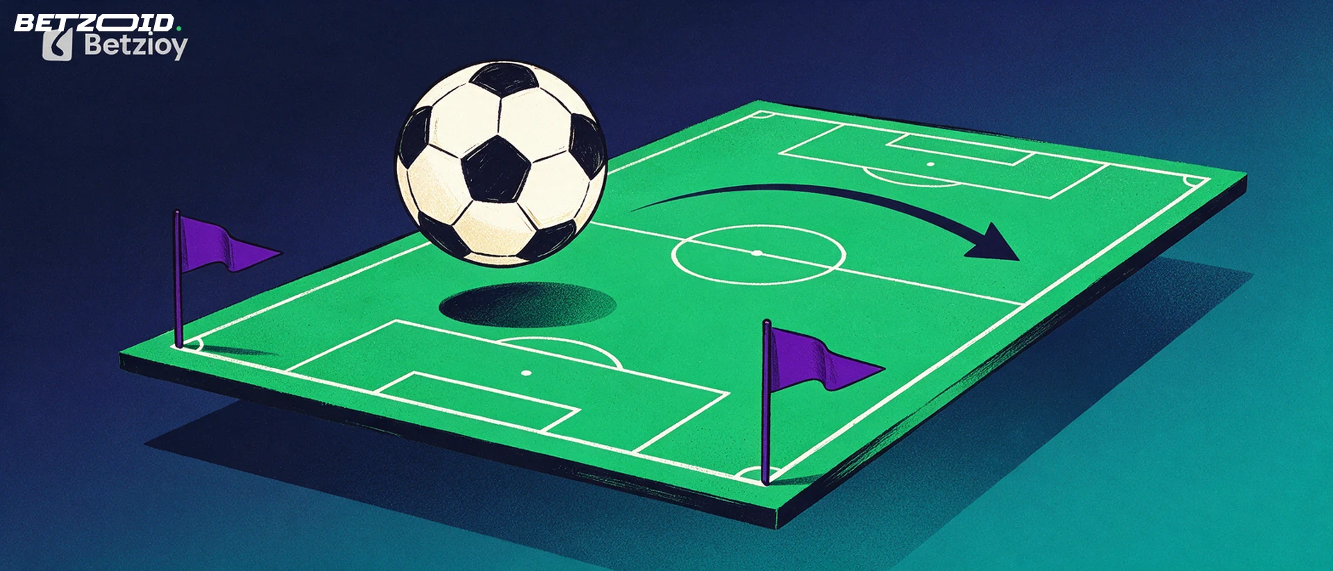 Illustration d'un terrain de football incliné avec un grand ballon stylisé et une flèche indiquant une trajectoire vers le but.