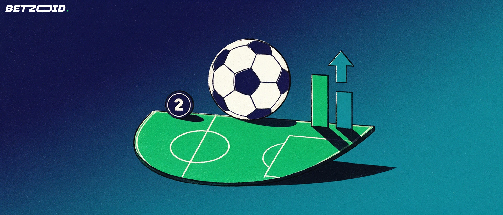 Illustration d'un ballon de football posé sur une portion de pelouse en forme de part de graphique, avec deux barres de comparaison et une flèche ascendante, et un badge chiffré 2.