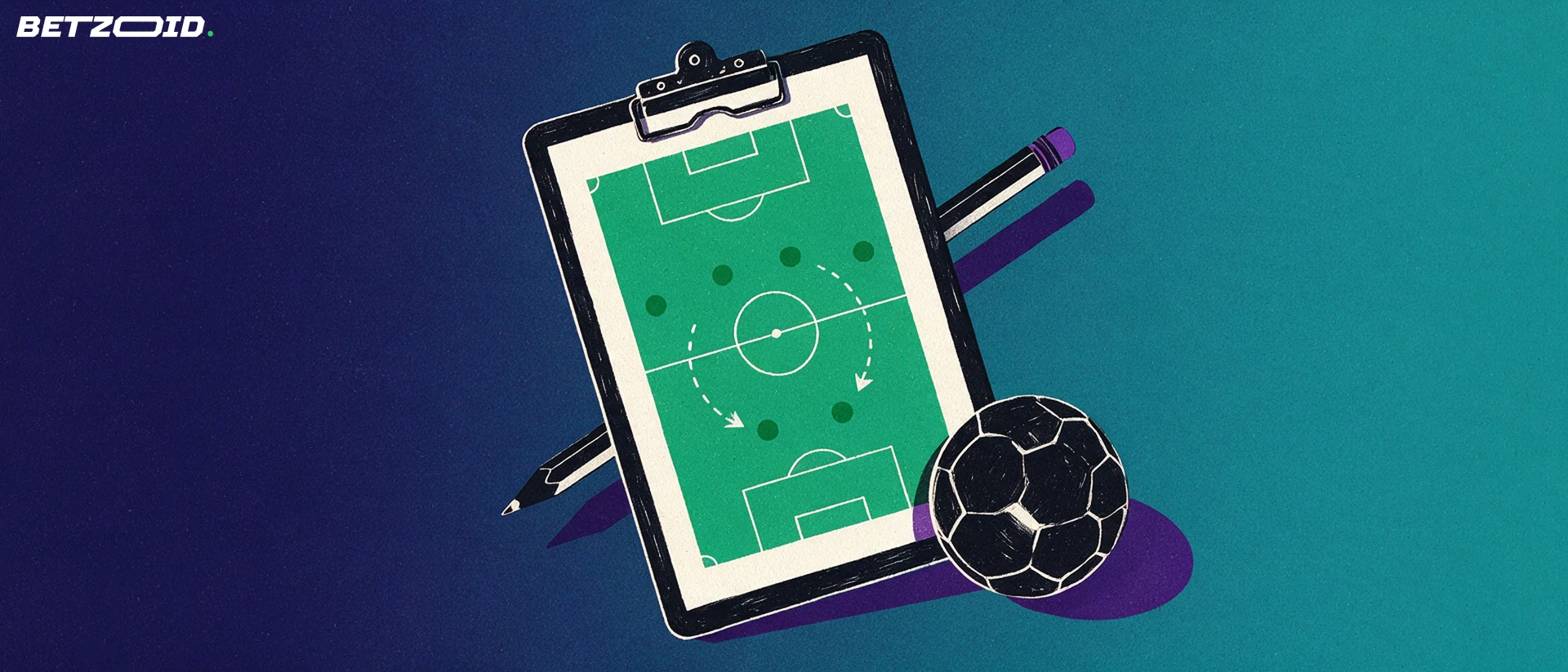 Illustration d'un grand porte-bloc d'entraîneur montrant un schéma de terrain de football avec joueurs et flèches tactiques, à côté d'un ballon.