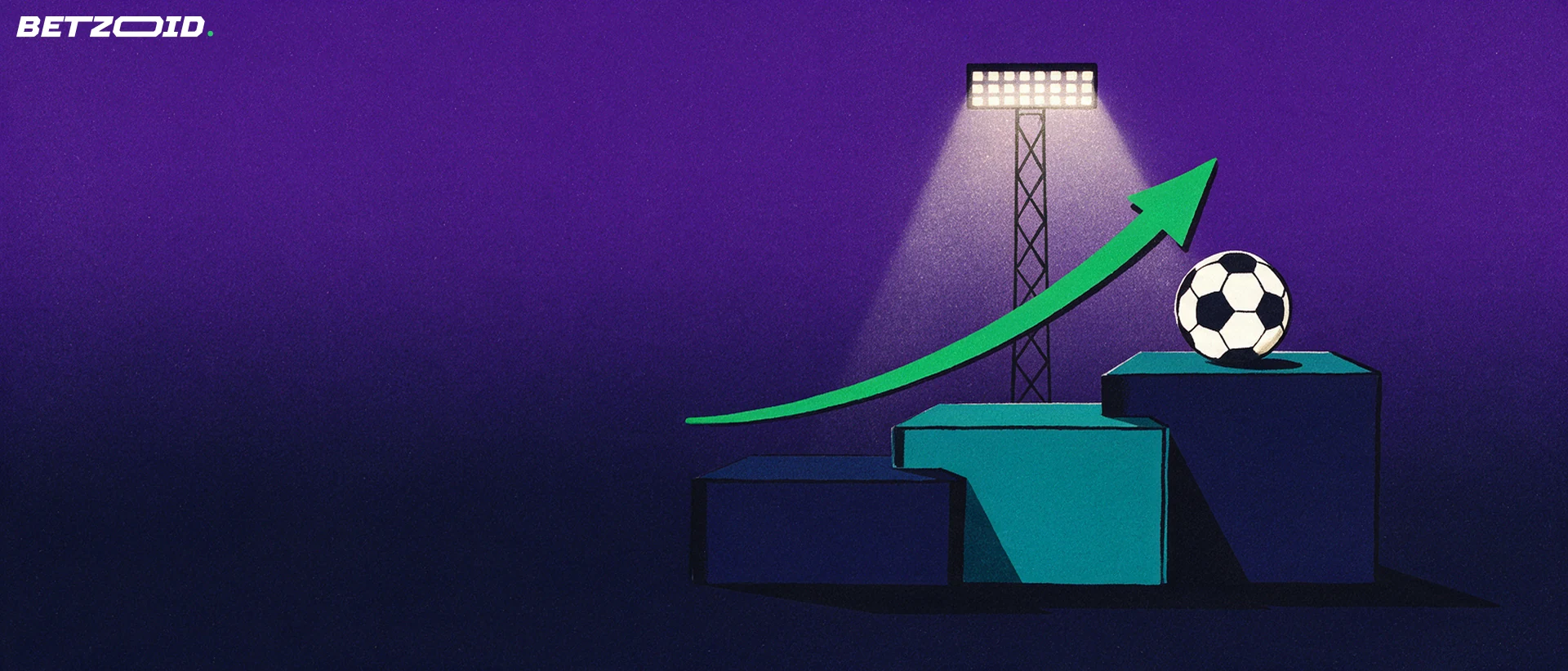 Illustration de trois marches superposées avec un ballon de football au sommet, une flèche ascendante et un projecteur de stade.