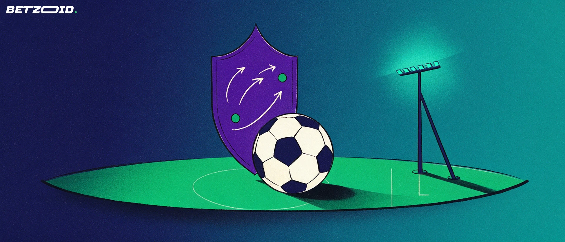 Illustration d'un ballon de football posé sur une pelouse devant un tableau tactique avec des flèches de jeu et un projecteur.