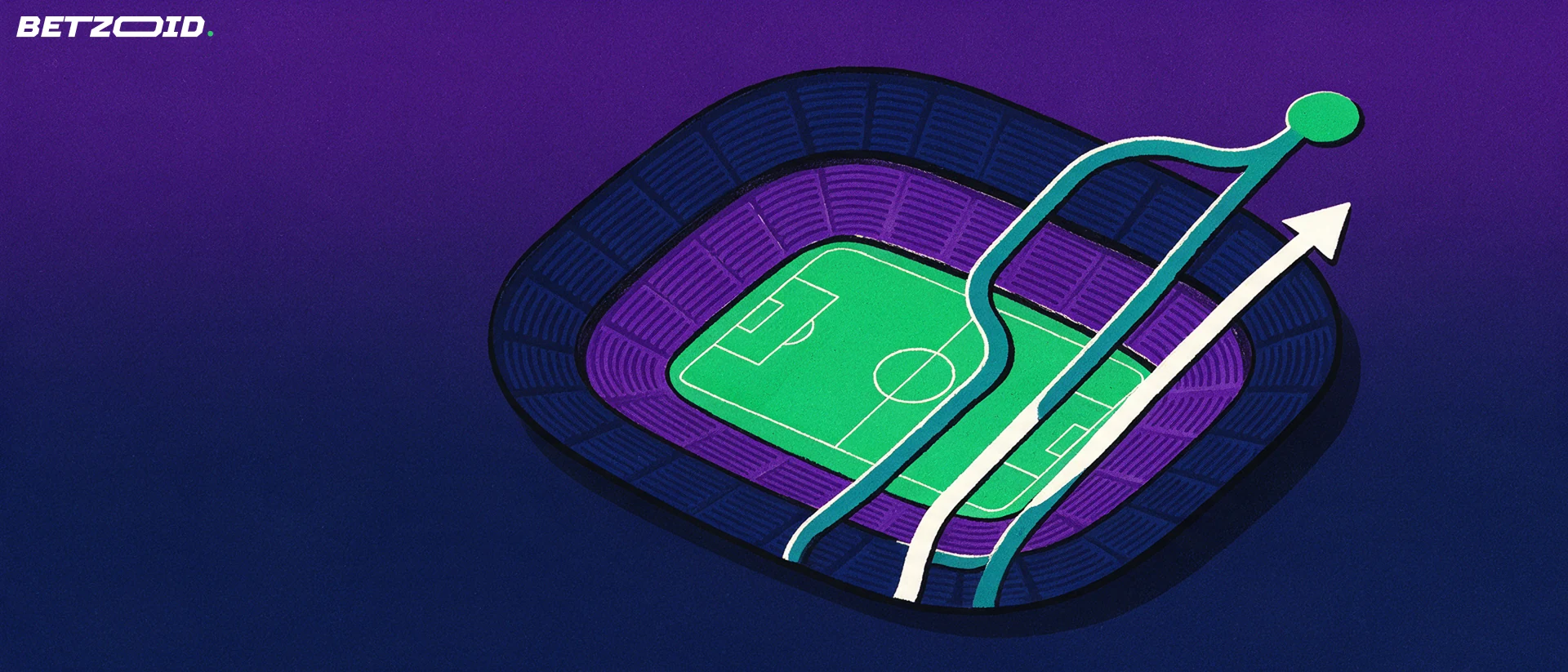 Illustration en vue aérienne d'un stade de football stylisé avec un schéma de tableau à élimination directe et une flèche ascendante.