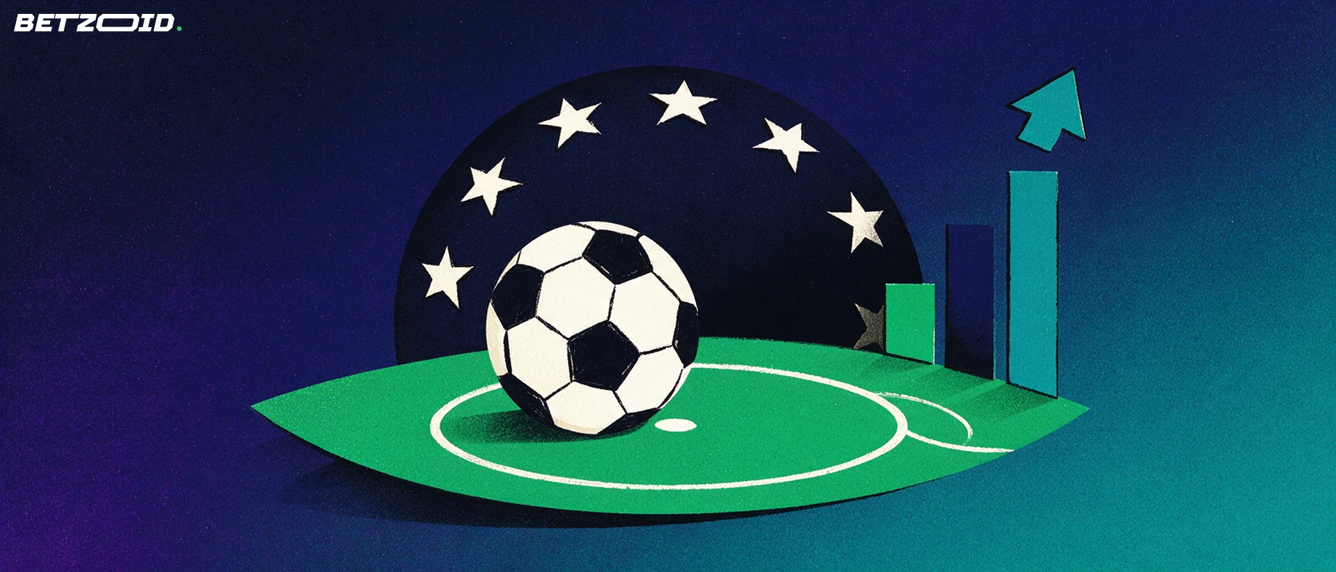 Illustration d'un ballon de football sur un arc de pelouse, entouré d'un cercle d'étoiles et de barres d'analyse avec une flèche ascendante.