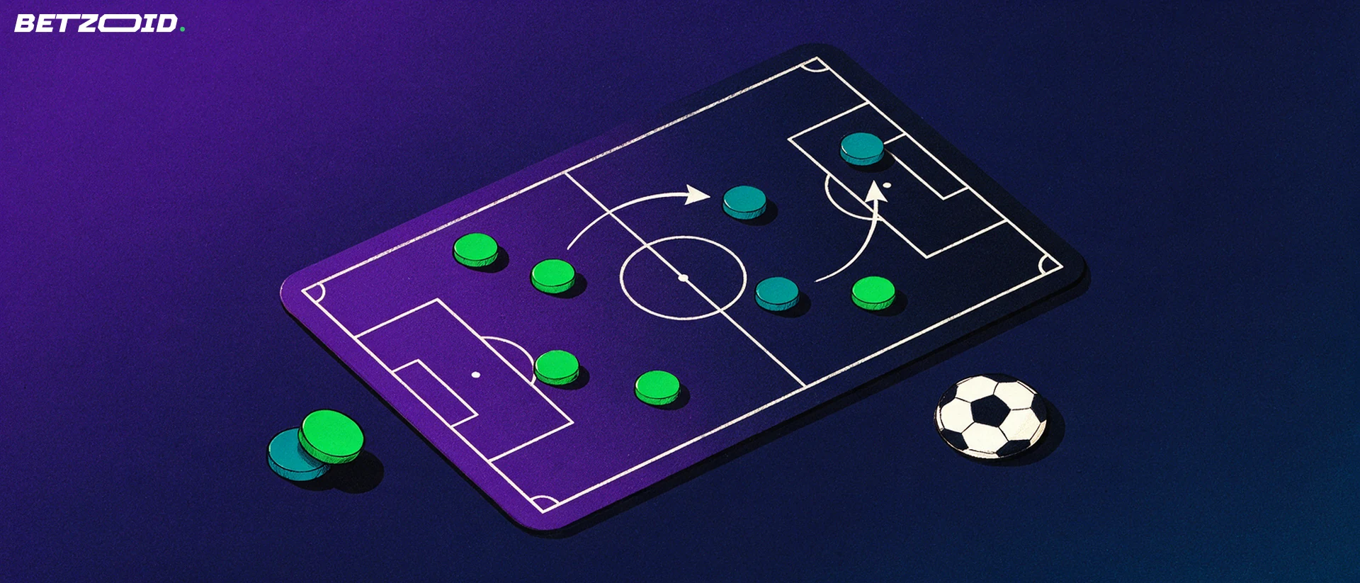 Illustration d'un tableau tactique de football vu de dessus avec pions verts et bleus, flèches de déplacement et un ballon posé à côté.