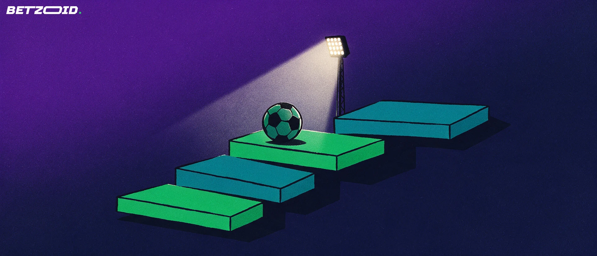 Illustration d'un ballon de football gravissant un escalier de marches vertes et turquoise évoquant un parcours à élimination directe, éclairé par un projecteur de stade stylisé.