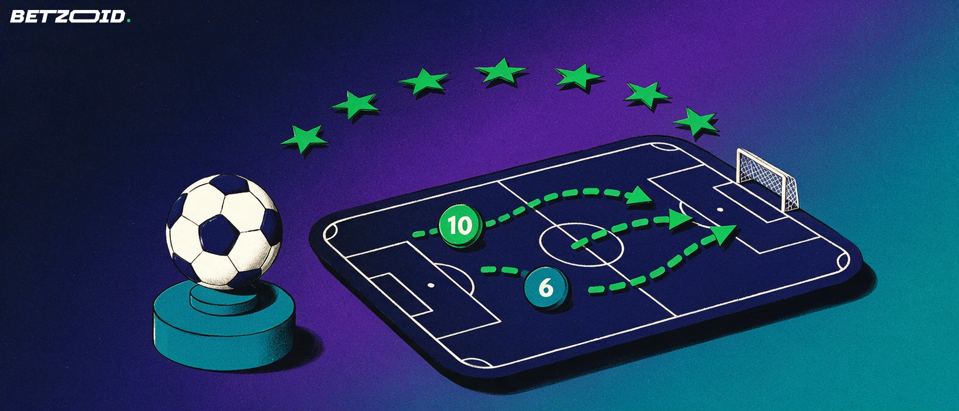 Illustrazione di un campo da calcio inclinato con frecce tattiche verdi, due pedine giocatore e un pallone accanto a un arco di stelle